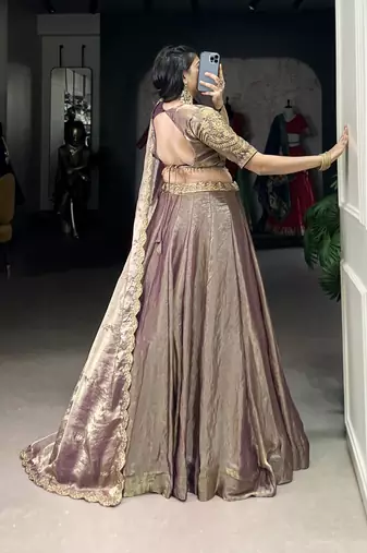 lavender Fendi Silk Sequins Thread Embroidered Belt Lehenga Choli