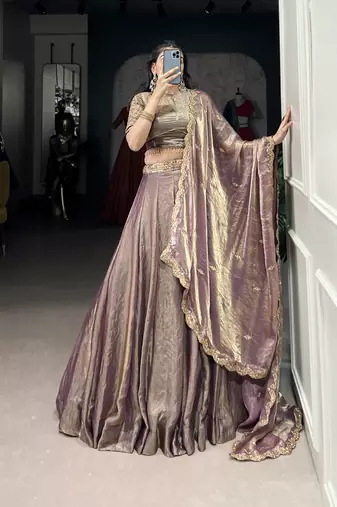 lavender Fendi Silk Sequins Thread Embroidered Belt Lehenga Choli
