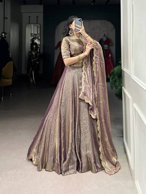 lavender Fendi Silk Sequins Thread Embroidered Belt Lehenga Choli 6