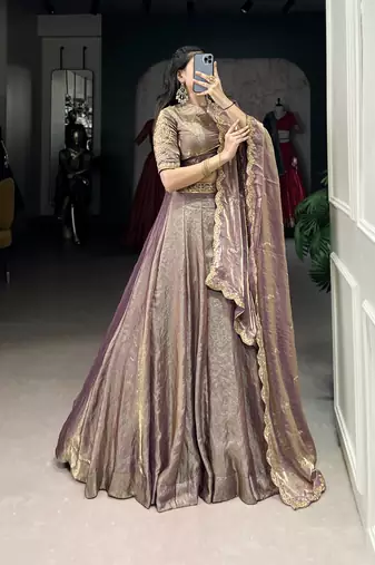 lavender Fendi Silk Sequins Thread Embroidered Belt Lehenga Choli