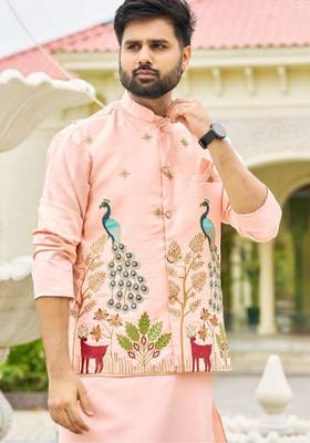 Peach pink malai satin kurta with embroidery work nehru jacket 3