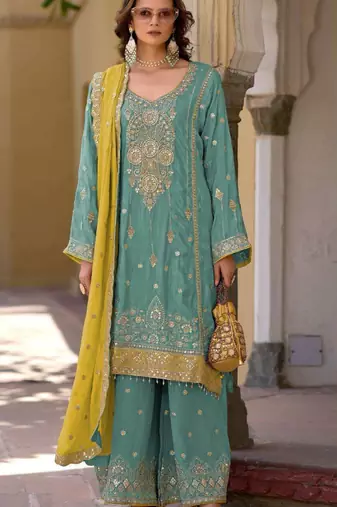 Sky embroidered chinon semi-stitched palazzo style salwar suit