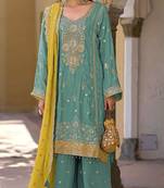Sky embroidered chinon semi-stitched palazzo style salwar suit
