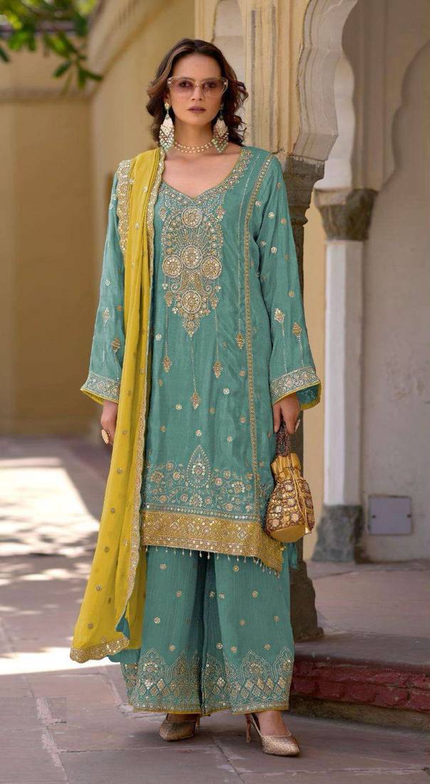 Sky embroidered chinon semi-stitched palazzo style salwar suit