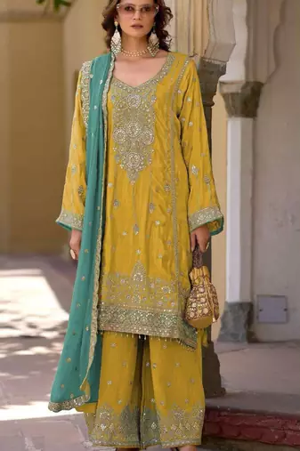 Yellow embroidered chinon semi-stitched palazzo style salwar suit