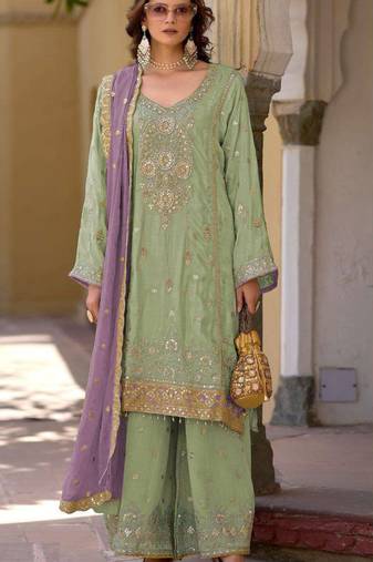 Light green embroidered chinon semi-stitched palazzo style salwar suit