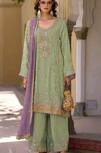 Light green embroidered chinon semi-stitched palazzo style salwar suit