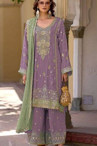 Purple embroidered chinon semi-stitched palazzo style salwar suit