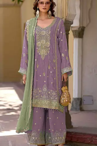 Purple embroidered chinon semi-stitched palazzo style salwar suit