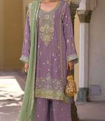 Purple embroidered chinon semi-stitched palazzo style salwar suit