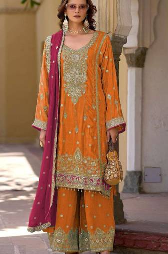 Orange embroidered chinon semi-stitched palazzo style salwar suit