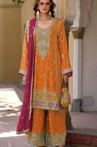 Orange embroidered chinon semi-stitched palazzo style salwar suit