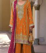 Orange embroidered chinon semi-stitched palazzo style salwar suit