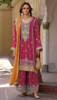 Pink embroidered chinon stitched palazzo style salwar suit 1