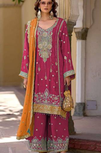 Pink embroidered chinon semi-stitched palazzo style salwar suit
