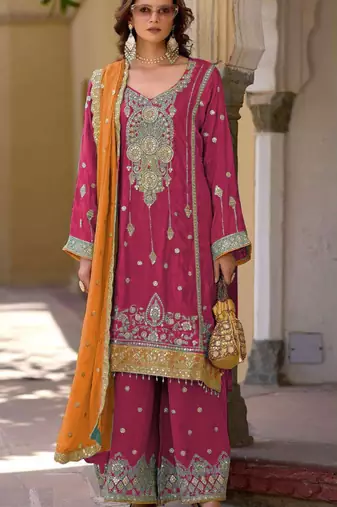 Pink embroidered chinon semi-stitched palazzo style salwar suit