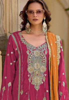 Pink embroidered chinon stitched palazzo style salwar suit 2