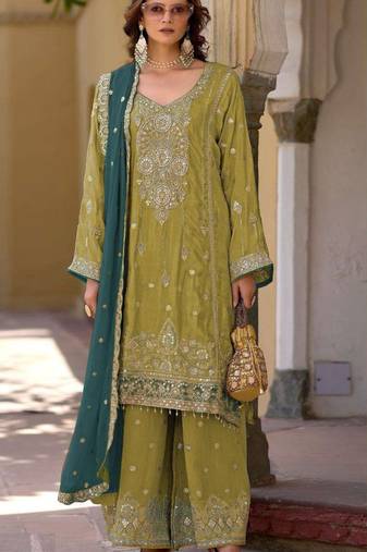 Mustard embroidered chinon semi-stitched palazzo style salwar suit