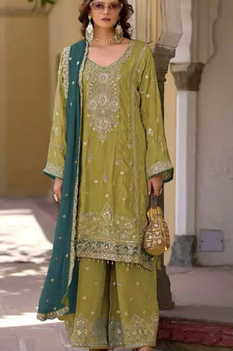 Mustard embroidered chinon semi-stitched palazzo style salwar suit