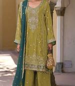 Mustard embroidered chinon semi-stitched palazzo style salwar suit