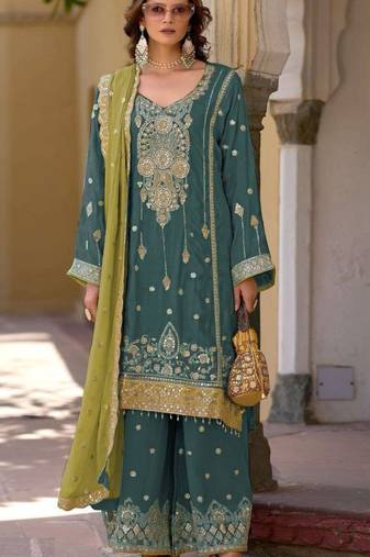 Aqua blue embroidered chinon semi-stitched palazzo style salwar suit