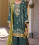 Aqua blue embroidered chinon semi-stitched palazzo style salwar suit