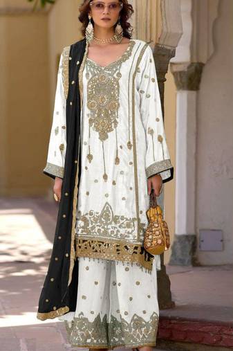 White embroidered chinon semi-stitched palazzo style salwar suit