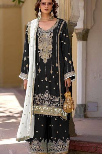 Black embroidered chinon semi-stitched palazzo style salwar suit