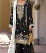 Black embroidered chinon semi-stitched palazzo style salwar suit