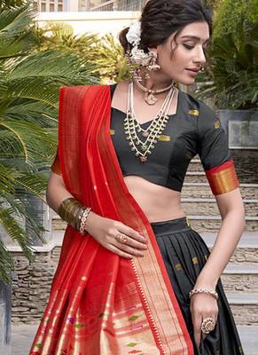 black Paithani Jacquard Silk Lehenga Choli with Weaving Zari Tassel Dupatta 1