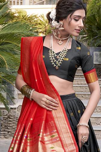 black Paithani Jacquard Silk Lehenga Choli with Weaving Zari Tassel Dupatta