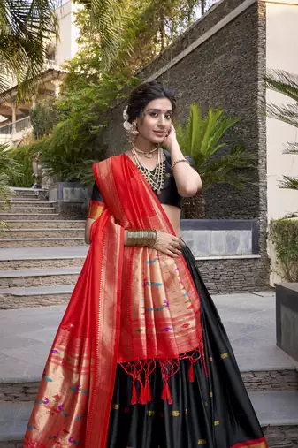 black Paithani Jacquard Silk Lehenga Choli with Weaving Zari Tassel Dupatta