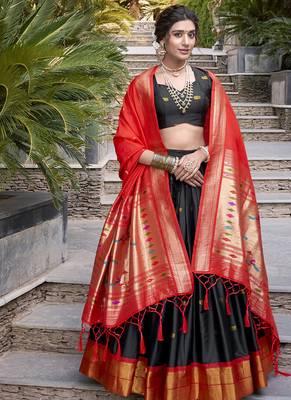 black Paithani Jacquard Silk Lehenga Choli with Weaving Zari Tassel Dupatta 5