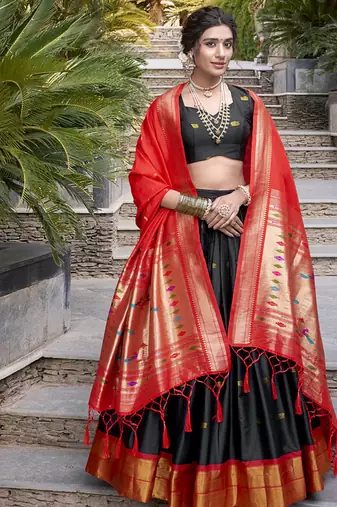 black Paithani Jacquard Silk Lehenga Choli with Weaving Zari Tassel Dupatta