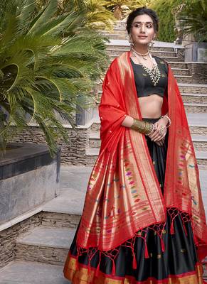 black Paithani Jacquard Silk Lehenga Choli with Weaving Zari Tassel Dupatta 6