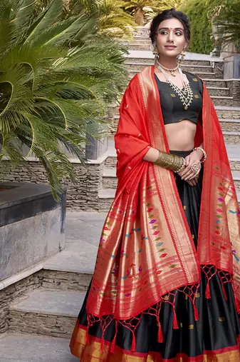 black Paithani Jacquard Silk Lehenga Choli with Weaving Zari Tassel Dupatta