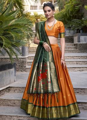 orange Paithani Jacquard Silk Lehenga Choli with Weaving Zari Tassel Dupatta 1