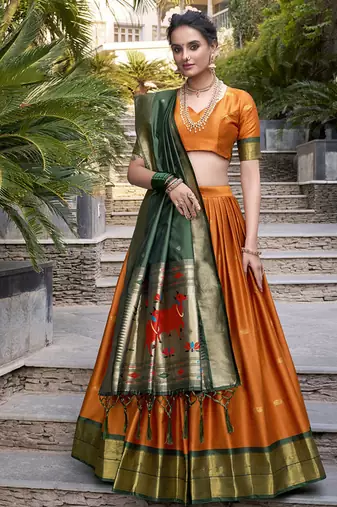 orange Paithani Jacquard Silk Lehenga Choli with Weaving Zari Tassel Dupatta