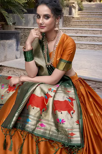 orange Paithani Jacquard Silk Lehenga Choli with Weaving Zari Tassel Dupatta