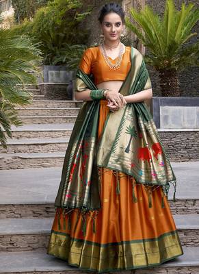 orange Paithani Jacquard Silk Lehenga Choli with Weaving Zari Tassel Dupatta 6
