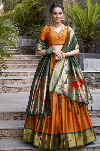orange Paithani Jacquard Silk Lehenga Choli with Weaving Zari Tassel Dupatta