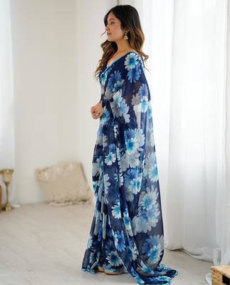 blue georgette flowers printed mirror work border saree 3
