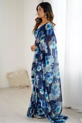 blue georgette flowers printed mirror work border saree