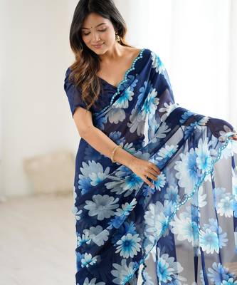 blue georgette flowers printed mirror work border saree 4