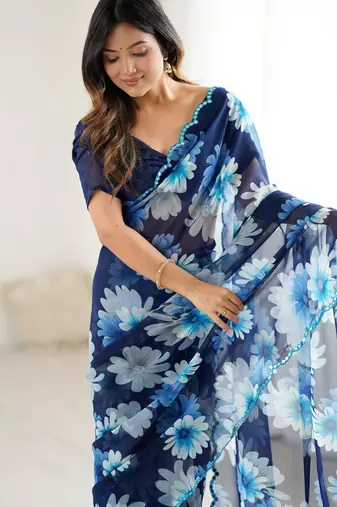 blue georgette flowers printed mirror work border saree