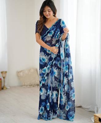 blue georgette flowers printed mirror work border saree 5