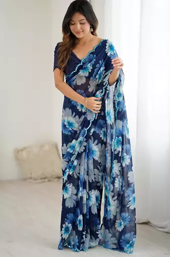 blue georgette flowers printed mirror work border saree