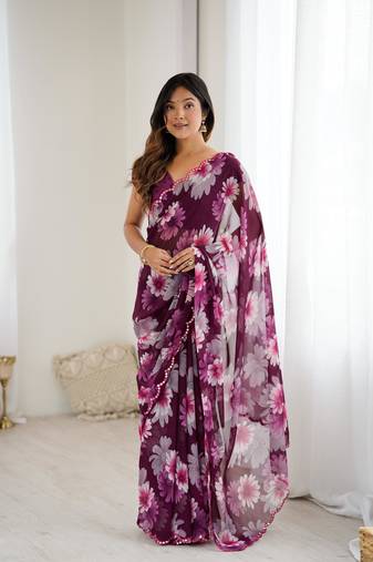purple georgette flowers printed mirror work border saree