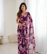purple georgette flowers printed mirror work border saree