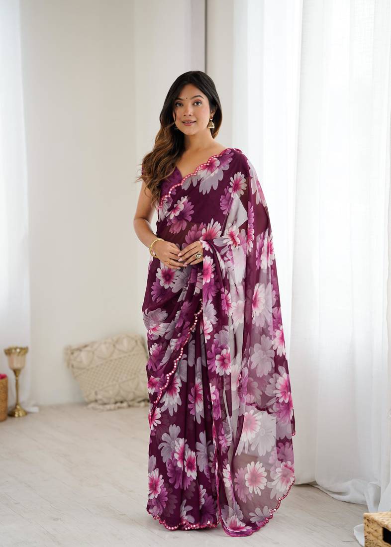 purple georgette flowers printed mirror work border saree